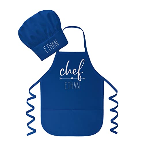 Personalized Kids Chef Hat and Apron Set Made In USA Kids Apron for Boys and Girls Custom Apron for Kids Chef Gifts Personalized Apron for Kids Cooking (Blue 81112 Years (L))