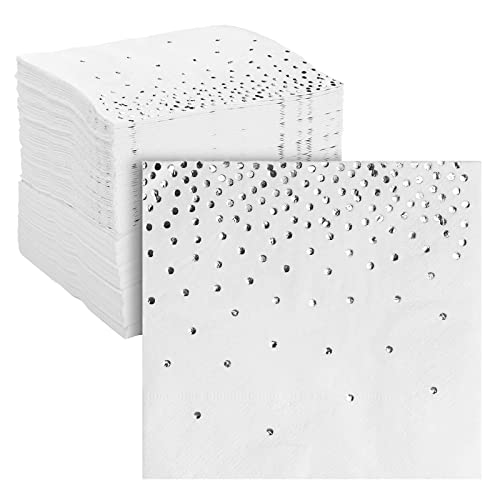 100 Pack Silver Polka Dot Cocktail Napkins Confetti Foil Wedding Reception Party Supplies (5x5 In)