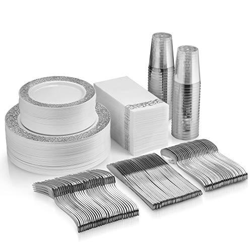 350 Piece Silver Dinnerware Set  50 Guest Silver Lace Design Plastic Plates  50 Silver Plastic Silverware  50 Silver Cups  50 Linen Like Silver Napkins 50 Guest Disposable Silver Dinnerware Set