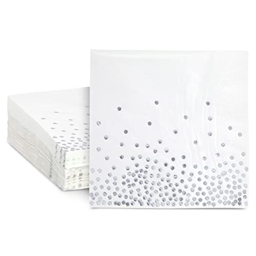 50 Pack White and Silver Confetti Napkins for Wedding Reception Foil Polka Dots for Birthday Party Decorations (3Ply 65 x 65 In)