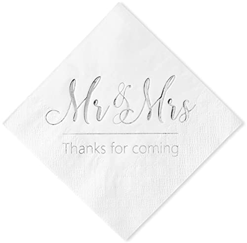 Crisky Wedding Napkins Mr Mrs Silver Cocktail Beverage Dessert Napkins for Wedding Tabel Decoration Engagement Party Supplies 100 Pcs 3Ply