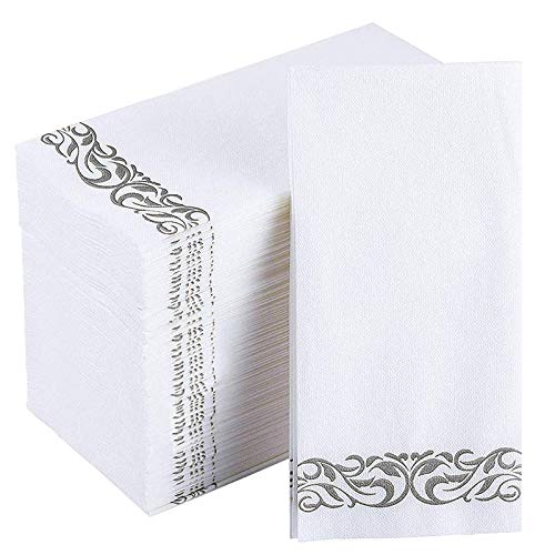 JOLLY CHEF 100 Disposable Hand Towels  Soft and Absorbent LineFeel Dinner Napkin Elegant Decorative Paper Guest Towels for Kitchen BathroomWeddingsParties Silver and White