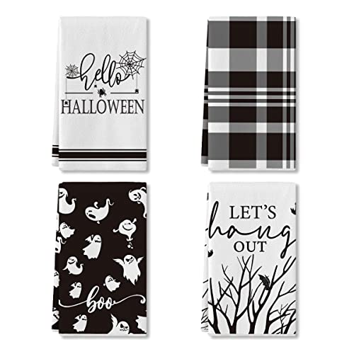 Artoid Mode Buffalo Plaid Ghosts Boo Bats Lets Hang Out Hello Halloween Kitchen Towels Dish Towels 18x26 Inch Seasonal Decor Hand Towels Set of 4