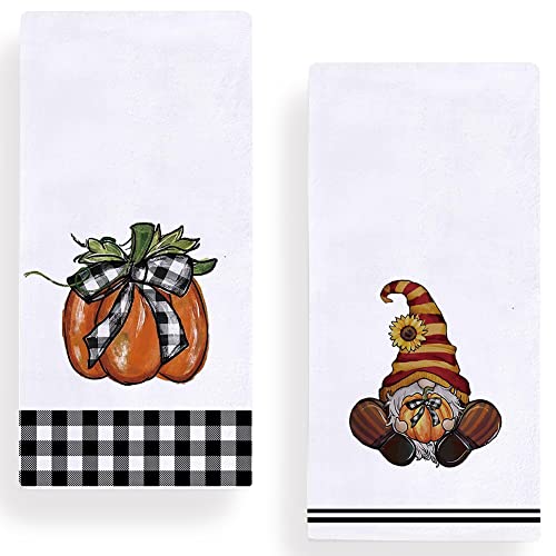 Buffalo Plaid Fall Pumpkin Gnome Kitchen Dish Towel 18 x 28 Inch Set of 2 Autumn Harvest Thanksgiving Holiday Tea Towels Dish Cloth for Cooking Baking