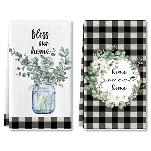Eucalyptus Leaves Kitchen Dish Towel  2 Pack Bless Our Home Sweet Home Quotes Buffalo Plaid Absorbent Kitchen Towel Absorbent Drying Tea Towels for Cooking Baking 18 x 28 (Eucalyptus Leaves)