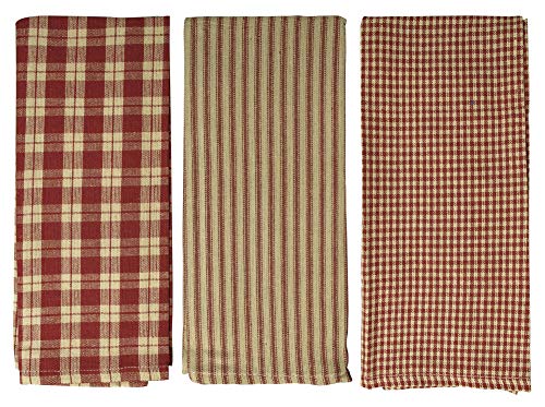Farmhouse Kitchen Towels Striped Buffalo Checked Plaid Dish Towels 3 Kitchen Towels (Antique Burgundy Red  Natural Tan)