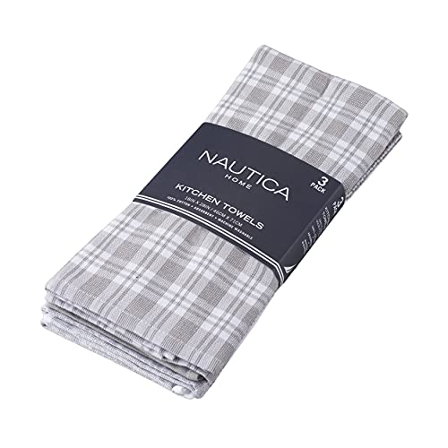 Nautica 100 Cotton Kitchen Towels Set of 3  18 X 28 Super Absorbent Reusable Cleaning Cloths Tea Towels Hand Towels for Drying Dishes  GreyGray Plaid Dish Towels for Kitchen Shops  Bars
