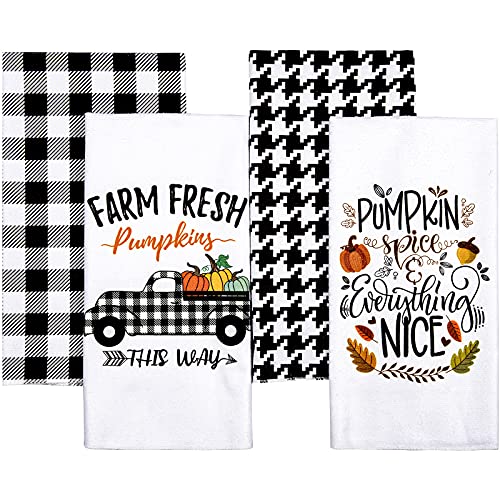 Whaline Fall Kitchen Towel White Black Buffalo Plaid Dish Towel Farm Fresh Truck Dish Towel 28 x 18 Inch Autumn Harvest Tea Towel Large Cloth Towel for Autumn Holiday Kitchen Cooking Baking 4 Pack