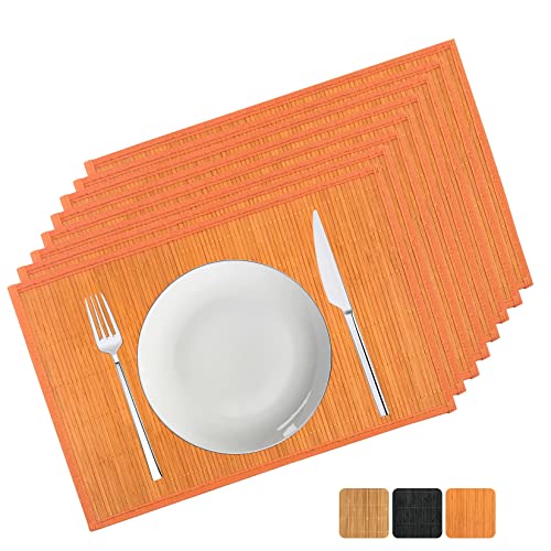 ANDSTAR Set of 8 Pcs Bamboo Placemats with Fabric Border Japanese Style Natural AntiSlip Bamboo Placemats Washable HeatResistant Table Mats for Dining Room and Kitchen（Orange）