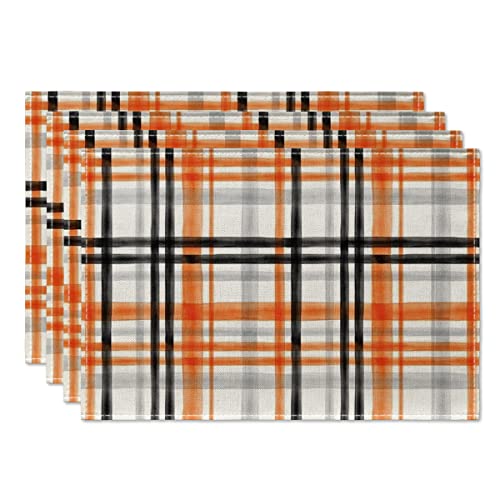 Artoid Mode Orange Black Buffalo Plaid Halloween Placemats Set of 4 12x18 Inch Table Mats for Outdoor Home Party Kitchen Dining Decoration