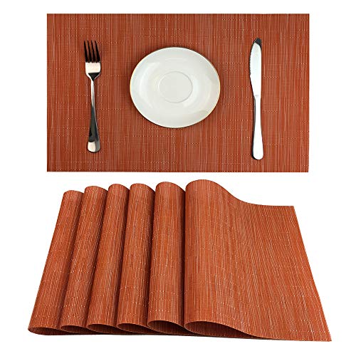 RedA Placemats Set of 6 for Dining Table HeatResistant Washable Place Mats Woven Vinyl Kitchen Table Mats Easy to CleanOrange