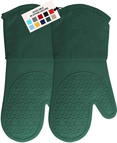 HOMWE Extra Long Professional Silicone Oven Mitt Oven Mitts with Quilted Liner Heat Resistant Pot Holders Flexible Oven Gloves 1 Pair (Green 137 inch)