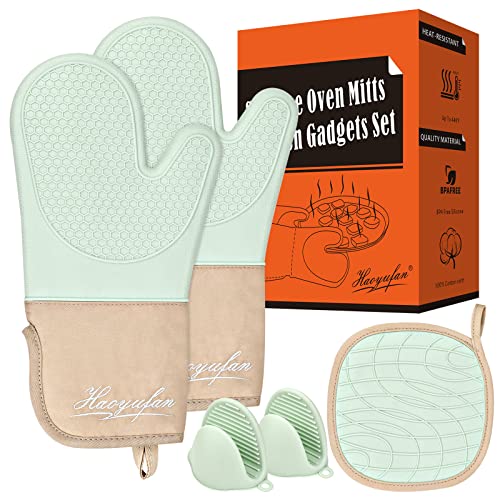 HaoYuFan Silicone Oven Mitts and Pot Holders Sets Extra Long Oven Mitts Heat Resistant with Quilted Cotton Liner Waterproof Kitchen Oven Mitts Set for Cooking and Baking Light Green 5Pcs
