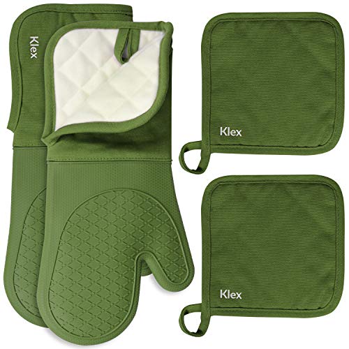 Klex 15 Silicone Oven Mitts and Pot Holders 4Piece Set 932°F Degrees Heat Resistance Comfortable Fleece Quilted Cotton Lining Oven Gloves and Hot Pads for Cooking Baking and Grilling Green