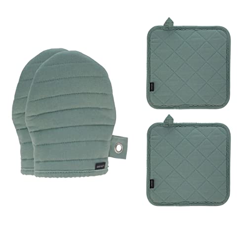 Oven Mitt and Pot Holder 4 Piece Set Soft Quilted Lining Pot Holders for Cooking and BBQ Kitchen Mitt Pot Holders Includes 2 Soft and Flexible Cooking Mitts and Trivet Mats (Green)