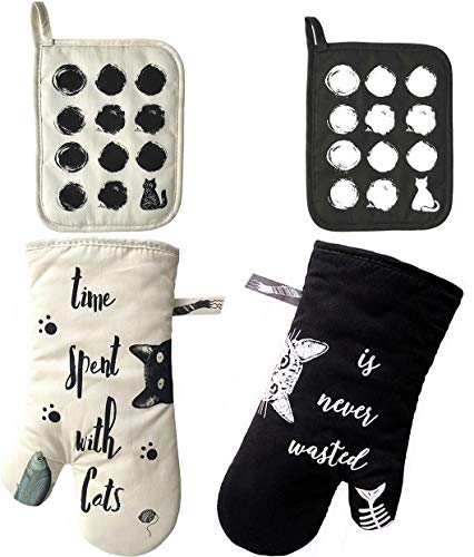 Cotton Oven Mitts and Pot Holders 4 PCS Kitchen SetCats Print (Ivory Black 4Packs)