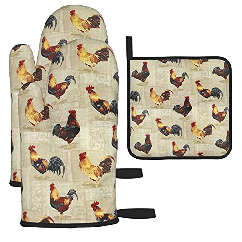 Cute Country Farm Rooster Oven Mitts and Pot Holder Sets  Old Newspaper Animal Print Waterproof Hot Pad Heat Resistant Flexible Microwave Gloves for BBQ Cooking Baking Hand Protection