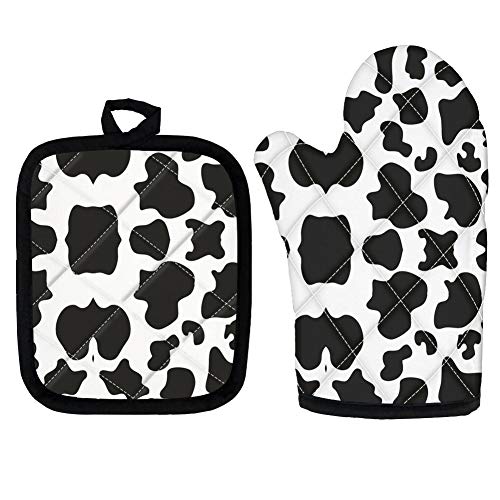 KEIAHUAN Black and White Animal Cow Print Oven Mitts DoubleLayer Heat Resistant Gloves Pot Holders Oven Mitts NonSlip Cute Kitchen Microwave Gloves for BBQ Baking Cooking