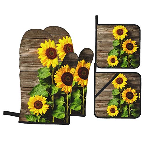 MSGUIDE Beautiful Sunflowers Vintage Wood Print Oven Mitts and Pot Holders Sets Heat Resistant 4 Pcs for Safe BBQ Cooking Baking Grilling