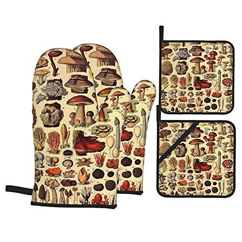 Mushroom Vintage Art Print Oven Mitts and Pot Holders Sets of 4Resistant Hot Pads with Polyester NonSlip BBQ Gloves for KitchenCookingBakingGrilling
