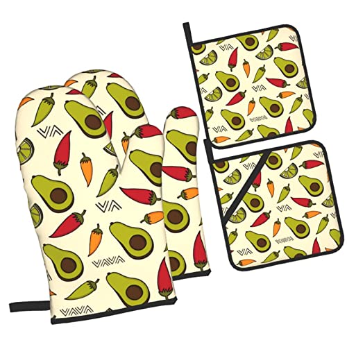 Oven Mitts and Pot Holders 4Pcs Sets Avocado Fruit Print High Heat Resistant Oven Mitts with Oven Gloves and Hot Pads Potholders for Kitchen Baking Cooking Grilling NonSlip Cooking Mitts