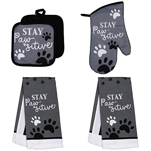 Stay Pawsitive Pet Lovers Paw Print Decorative Kitchen Linen Set 2 Hand Dish Towels 2 Potholders Hot Pads 1 Oven Mitt Glove Optional Addon Kitchen Gadgets to Choose from