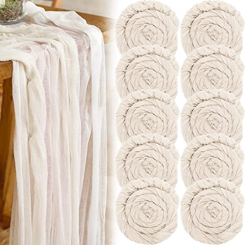 10 Pack Cheesecloth Table Runners Wide Gauze Table Runners 35 x 157 Inch Boho Table Runners for Bridal Shower Wedding Birthday Party Table Decorations (Beige)