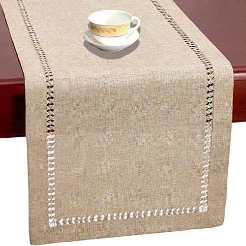 ARKSU Handmade Hemstitch Polyester Table Runner Hollow Simple and Farmhouse Style for Everyday Dining Wedding Party Holiday Home Decor（Beige 12X72inch）