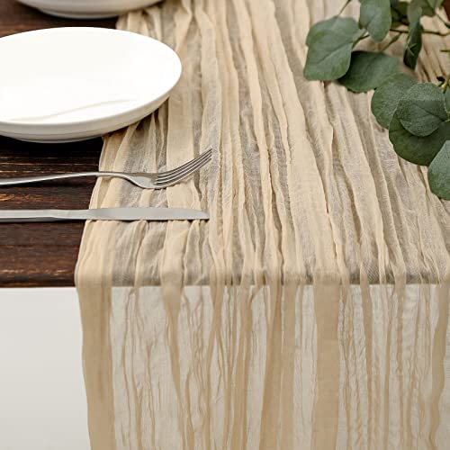 DOLOPL Beige Cheesecloth Table Runner 133ft Boho Gauze Cheese Cloth Table Runner Rustic Sheer Runner 160inch Long for Wedding Bridal Baby Shower Birthday Party Cake Table Decorations