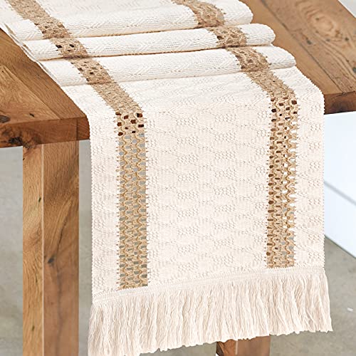 Senneny Macrame Table Runner Cream Beige Boho Table Runner with Tassels Hand Woven Cotton and Burlap Splicing Table Runner Rustic Farmhouse Table Runner for Bohemian Fall Kitchen Dining Table