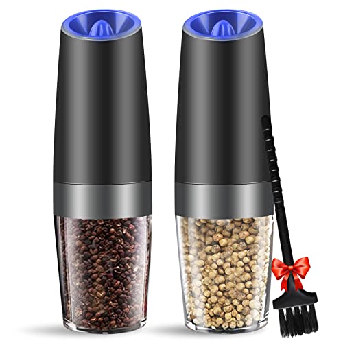 MOVNO Gravity Electric Salt and Pepper Grinder Set of 2 with Blue LED Light Battery Powered Pepper Automatic Mill Grinder with a Brush Adjustable Coarseness One Hand Operation Black 2 Pack