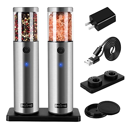 PRIME Electric Salt and Pepper Grinder Set 2 Mills Rechargeable With Charging Base USB Cable Power Adapter Automatic Tact Switch Operation Adjustable Coarseness Stainless Steel (Ver 22)