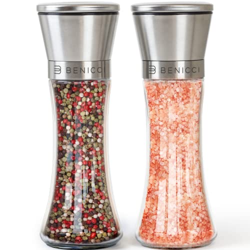 Premium Salt and Pepper Grinder Set of 2  Two Refillable Stainless Steel Sea Salt  Spice Shakers with Adjustable Coarse Mills  Easy Clean Ceramic Grinders w BONUS Silicone Funnel  Cleaning Brush