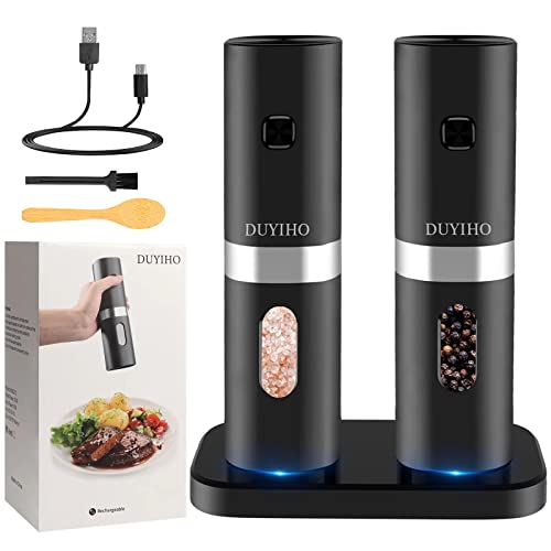 Rechargeable Electric Salt and Pepper Grinder Set with Double Charging Base Support Battery Operated Refillable Spice Automatic Mill Shakers Set with Adjustable Coarseness  LED Light