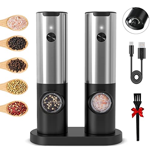 Rechargeable Electric Salt and Pepper Grinder Set with Double Charging Base USB Cable Stainless Steel Automatic Electric Salt Pepper Grinder Mill Refillable Adjustable Coarseness LED Light