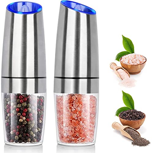Salt and Pepper Grinder Electric Gravity Grinder Refillable Automatic OneHand Operated Pepper and Salt Mill Set with Adjustable Coarseness and LED light BatteryOperated 2 Pack