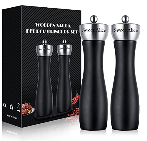 Salt and Pepper Grinders Refillable ​Set Beech Wood Pepper Mill with Ceramic Mechanism Solid and Durable Salt Grinders Suited for Sea Salt Black Peppercorn (8 Black Set of 2)