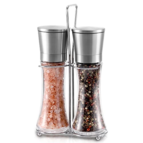 Vzaahu Stainless Steel Salt and Pepper Grinder Set of 2 With Holder Adjustable Coarseness Ceramic Grinder Refillable Mill Set for Home BBQ Kitchen Housewarming Gift