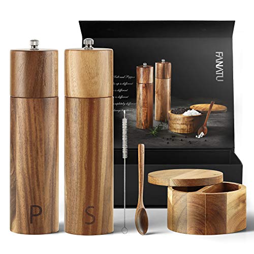 Wooden Salt and Pepper Grinder Set  Premium Set Includes Salt and Pepper Mill Salt and Pepper Box with Swivel Lid Spoon  Cleaner Tool  Perfect Salt and Pepper Shakers Gift (8 inch)