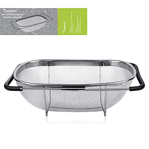 188 Stainless Steel Over The Sink Colander with Fine Mesh Strainer Basket  Expandable Rubber Grip Handles  Strain Drain Rinse Fruits Vegetables