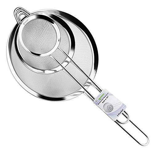 IPOW Set of 3 Stainless Steel Fine Mesh Strainer Colander Sieve Sifters with Long Handle for Kitchen Food Small Medium Large Size for Tea Coffee Powder Fry Juice Rice Vegetable Fruit Etc