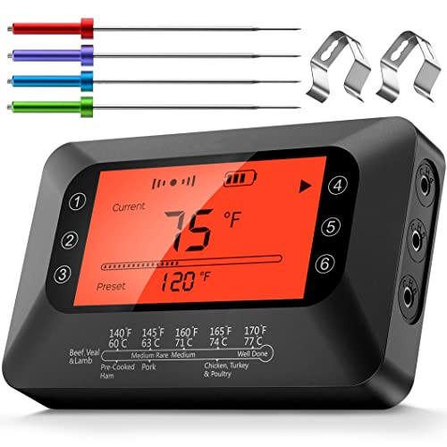 Digital Wireless Meat Thermometer with 4 Probes Large LCD Backlight Bluetooth Instant Read Thermometer with Smart Alarm Kitchen Timer for Smoker Kitchen Oven BBQ Cooking Beef Turkey Fish