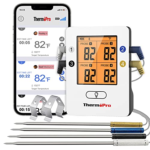 ThermoPro TP25 500FT Bluetooth Meat Thermometer with 4Probes Smart Rechargeable Wireless Meat Thermometer for Grilling Smoker Oven Kitchen BBQ Thermometer with Alarm Temperature Graph