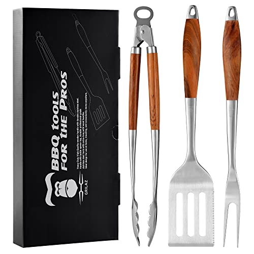 GRILAZ HeavyDuty Rose Wooden BBQ Grilling Tools Set Extra Thick Stainless Steel MultiFunction Spatula Fork  Tongs Gift Box Best for Barbecue  Grill Ideal Gift for Father