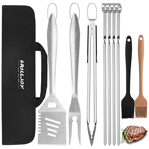 Grilljoy 10PC Extra Thick Stainless Steel Grill Tools Set Heavy Duty Barbecue Spatula Fork Tongs Skewers with Portable Bag Deluxe Grill Utensils Set for Men Women Birthday Gift