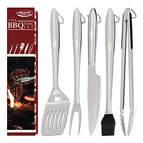 MAGIC FLAME 18 Grill Set Heavy Duty Barbecue Accessories Grill Set 5pc Grill Tools with Spatula Fork Knife Brush  BBQ Tongs  Grill Gifts for Men Stainless Steel Grill Tools