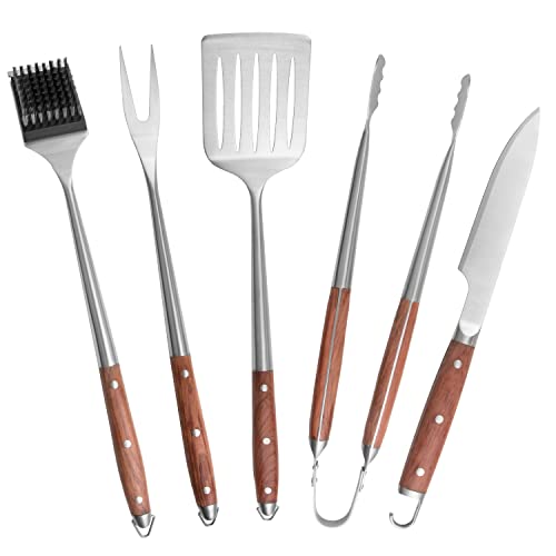 Miozo Professional 5pcs Stainless Steel BBQ Grill Tool Set Heavy Duty Barbecue Spatula Fork Tongs Knife Wooden Handle Grilling Accessories