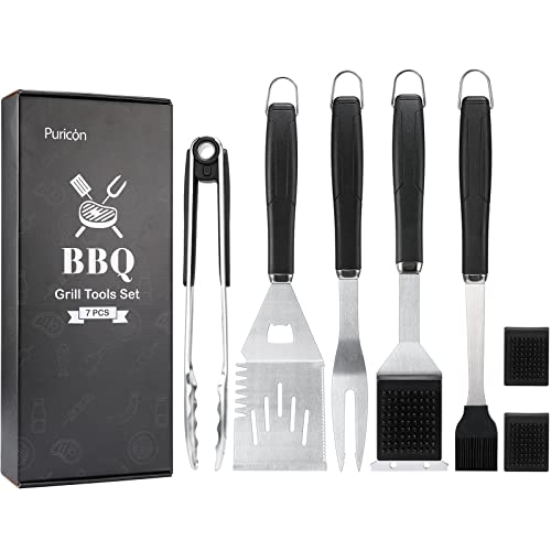 Puricon Griddle Accessories Set Stainless Steel BBQ Tools Kit for Flat Top Grill Tongs Fork Spatula Basting Brush Cleaning Scraper for Outdoor Barbecue Grilling 7 Pieces