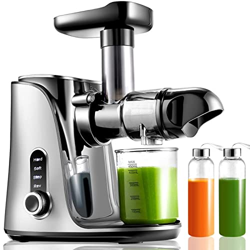 Juicer MachinesAMZCHEF Slow Masticating Juicer Extractor Cold Press Juicer with Two Speed Modes 2 Travel bottles(500ML)LED display Easy to Clean Brush  Quiet Motor for VegetablesFruitsGray
