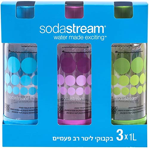 Original sodastream Three Pack 1 Liter Carbonating Bottles  Lasts 2 years  Purple Blue and Green
